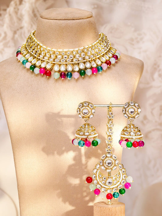 Rubans 22K Gold-Plated Handcrafted White Kundan & Cubic Zirconia Studded Double Layer Necklace Set with Multi-Colored Beads