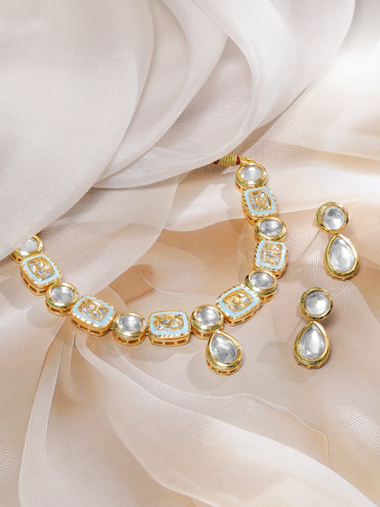 Rubans 22K Gold-Plated Handcrafted White Kundan Luxe Choker Necklace Set with Pastel Blue Enamel Detailing