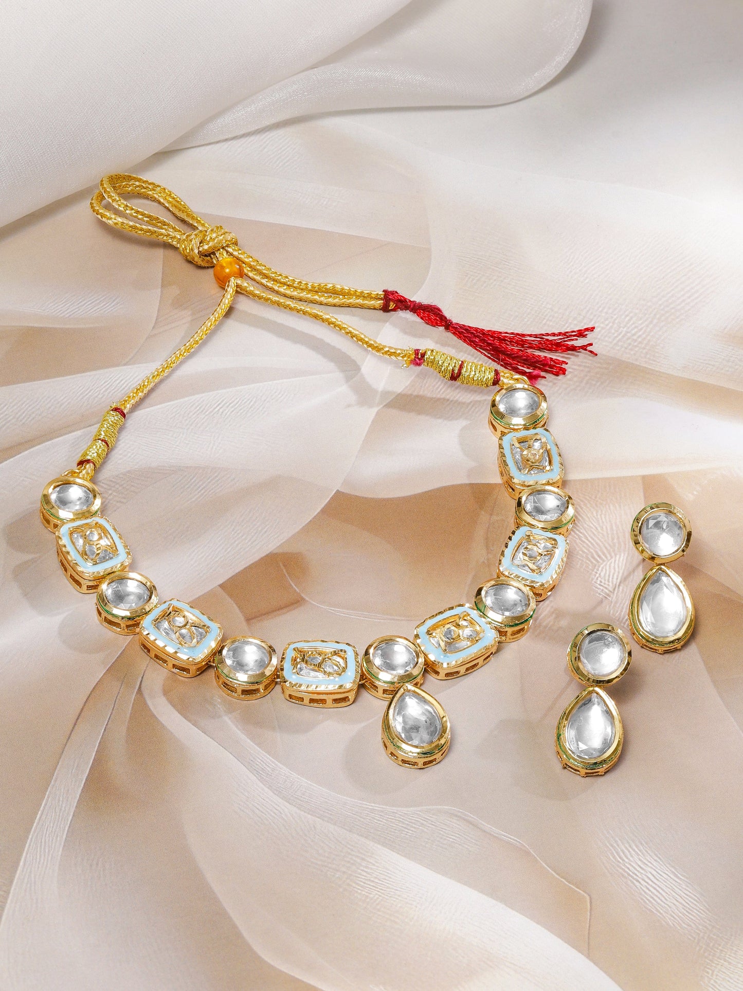 Rubans 22K Gold-Plated Handcrafted White Kundan Luxe Choker Necklace Set with Pastel Blue Enamel Detailing