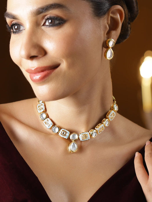 Rubans 22K Gold-Plated Handcrafted White Kundan Luxe Choker Necklace Set with Pastel Blue Enamel Detailing