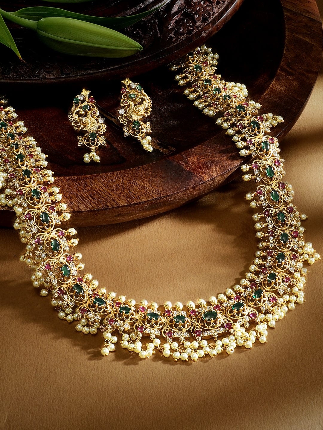 Rubans 22K Gold-Plated Kemp & Zirconia Crystal Studded Handcrafted Pearl Beaded Necklace Set