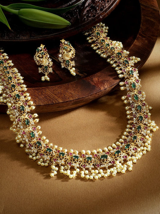 Rubans 22K Gold-Plated Kemp & Zirconia Crystal Studded Handcrafted Pearl Beaded Necklace Set