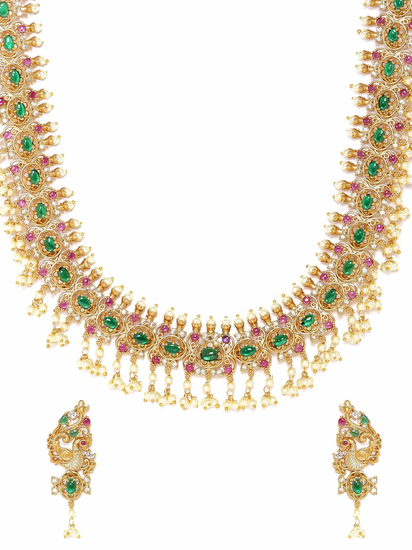 Rubans 22K Gold-Plated Kemp & Zirconia Crystal Studded Handcrafted Pearl Beaded Necklace Set