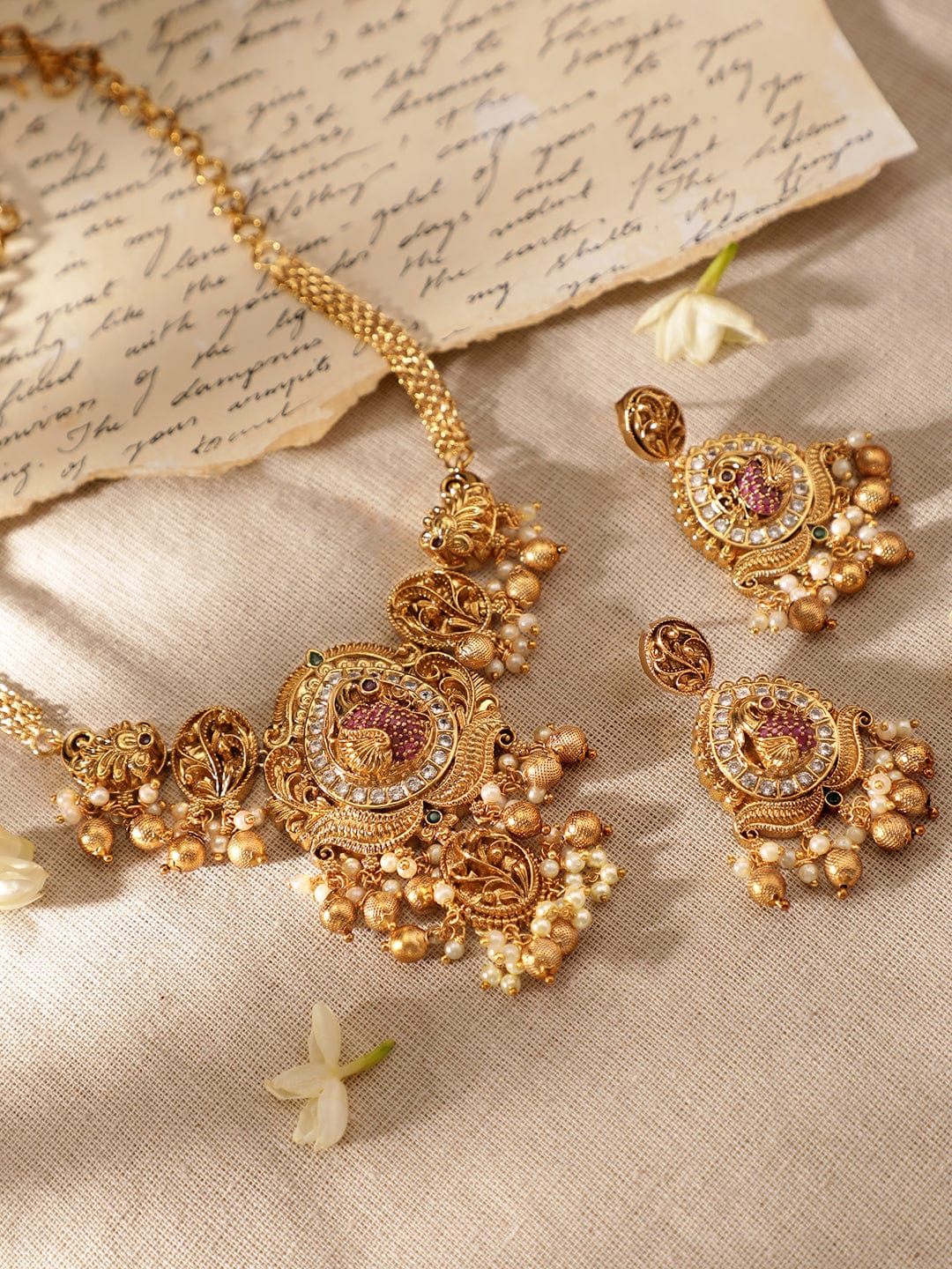 Rubans 22K Gold Plated Kemp & Zirconia Crystal Studded Pearl Beaded Handcrafted Necklace Set