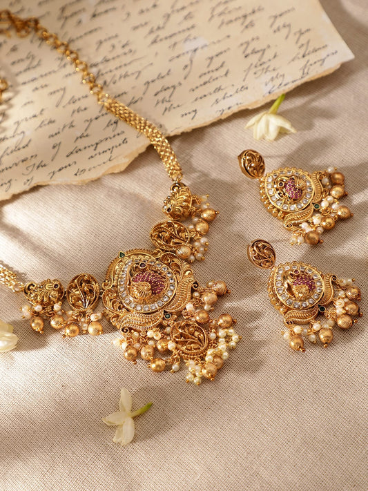 Rubans 22K Gold Plated Kemp & Zirconia Crystal Studded Pearl Beaded Handcrafted Necklace Set