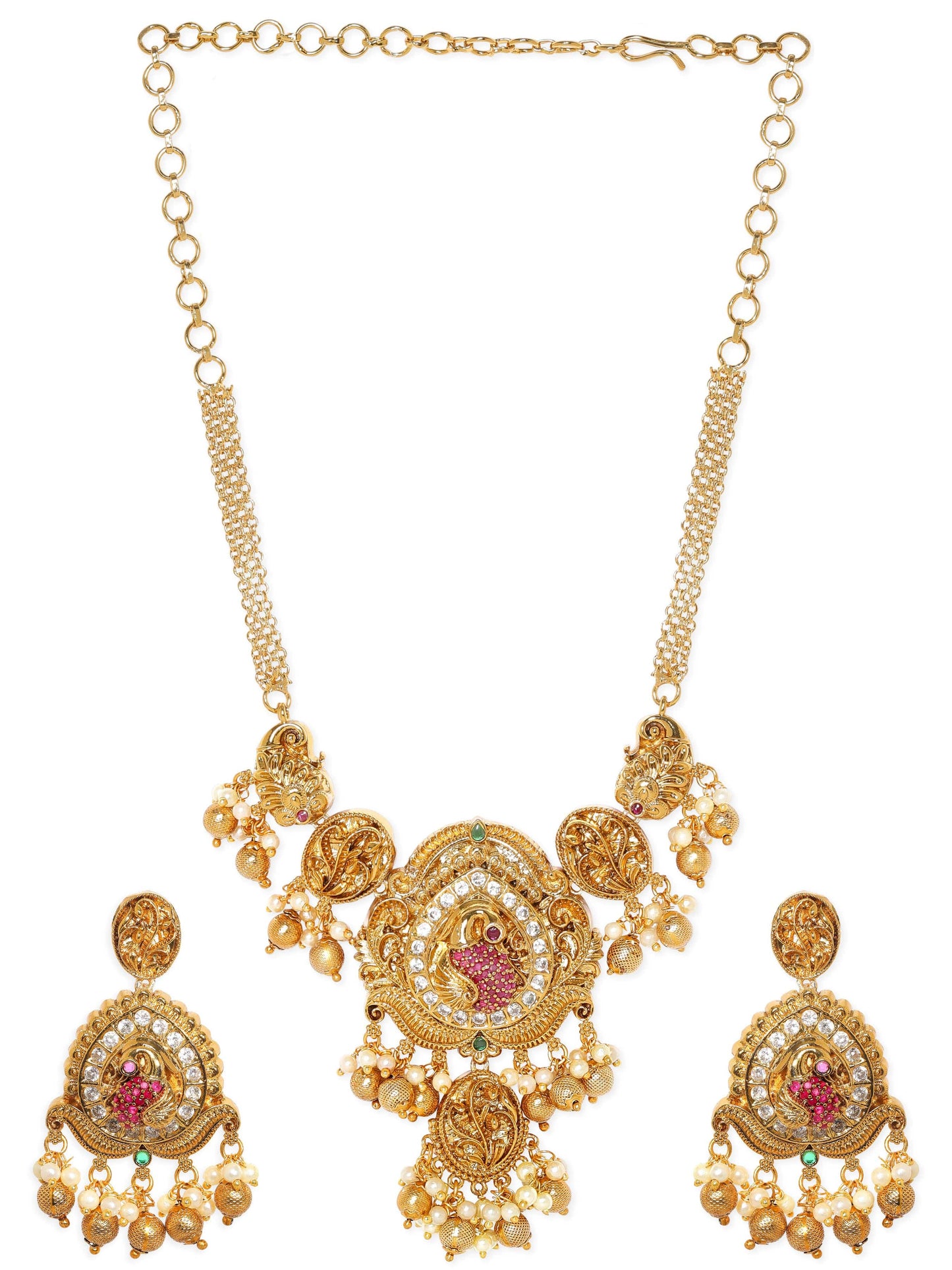 Rubans 22K Gold Plated Kemp & Zirconia Crystal Studded Pearl Beaded Handcrafted Necklace Set