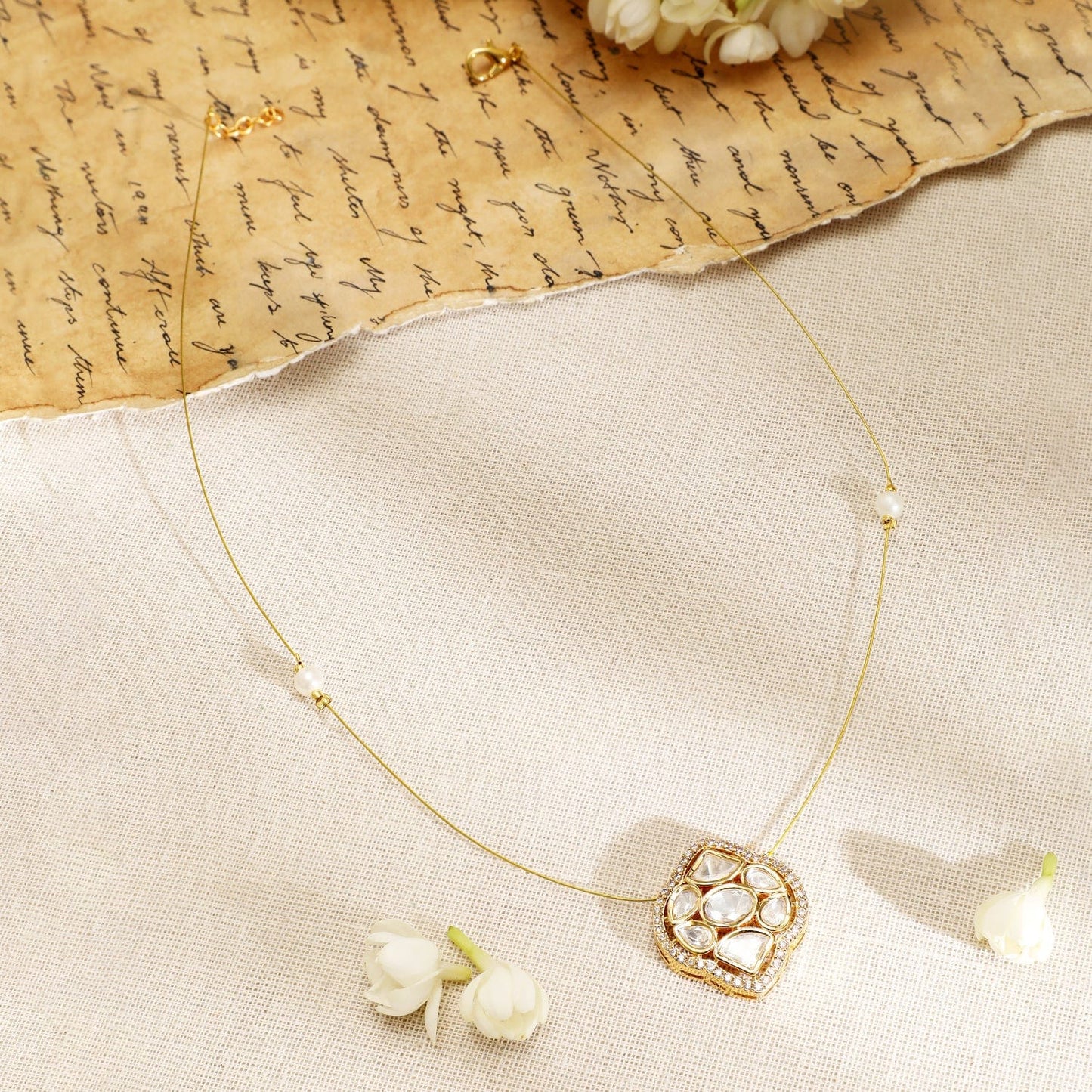 Rubans 22K Gold-Plated Kundan & Cubic Zirconia Pendant Necklace with Pearl Detailing