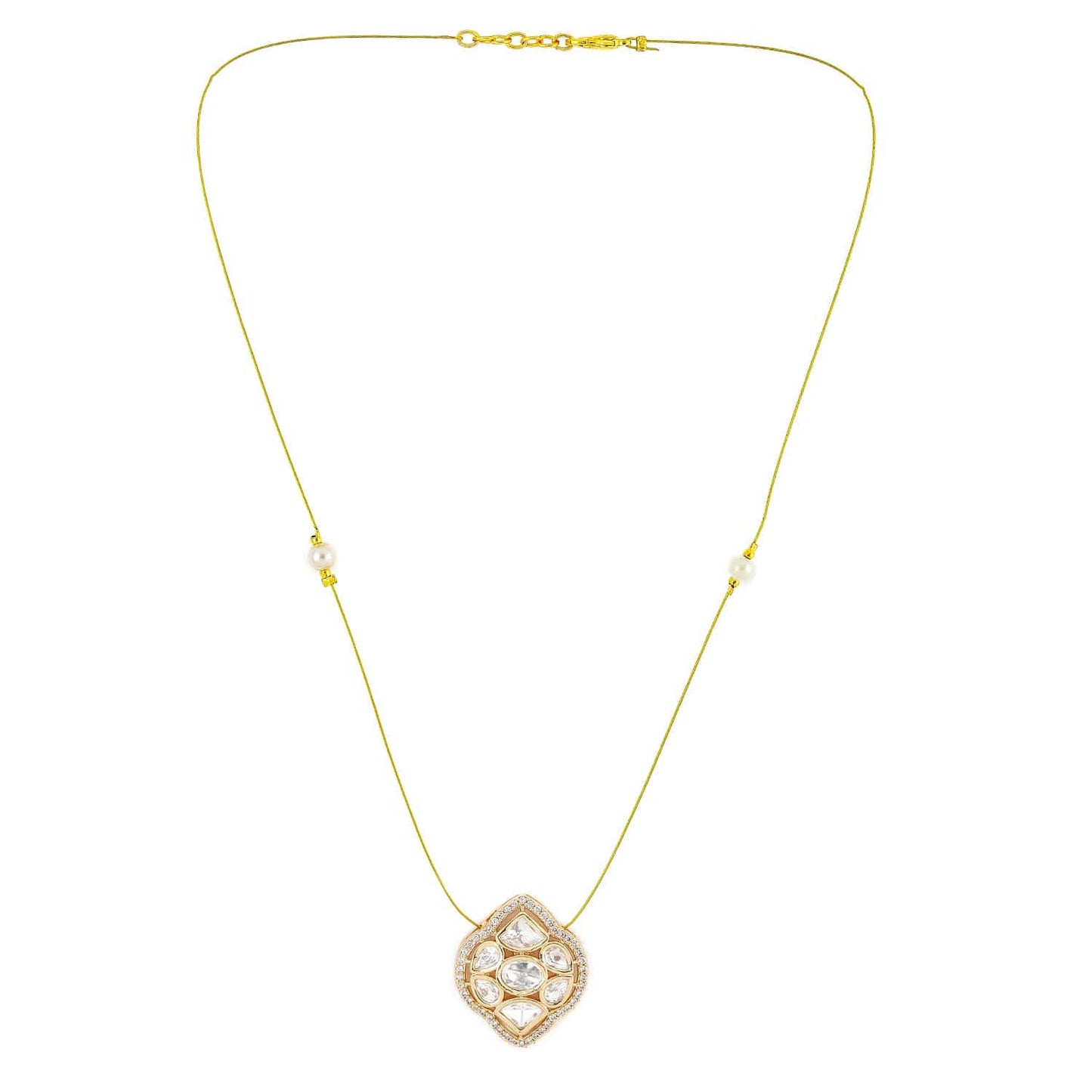Rubans 22K Gold-Plated Kundan & Cubic Zirconia Pendant Necklace with Pearl Detailing