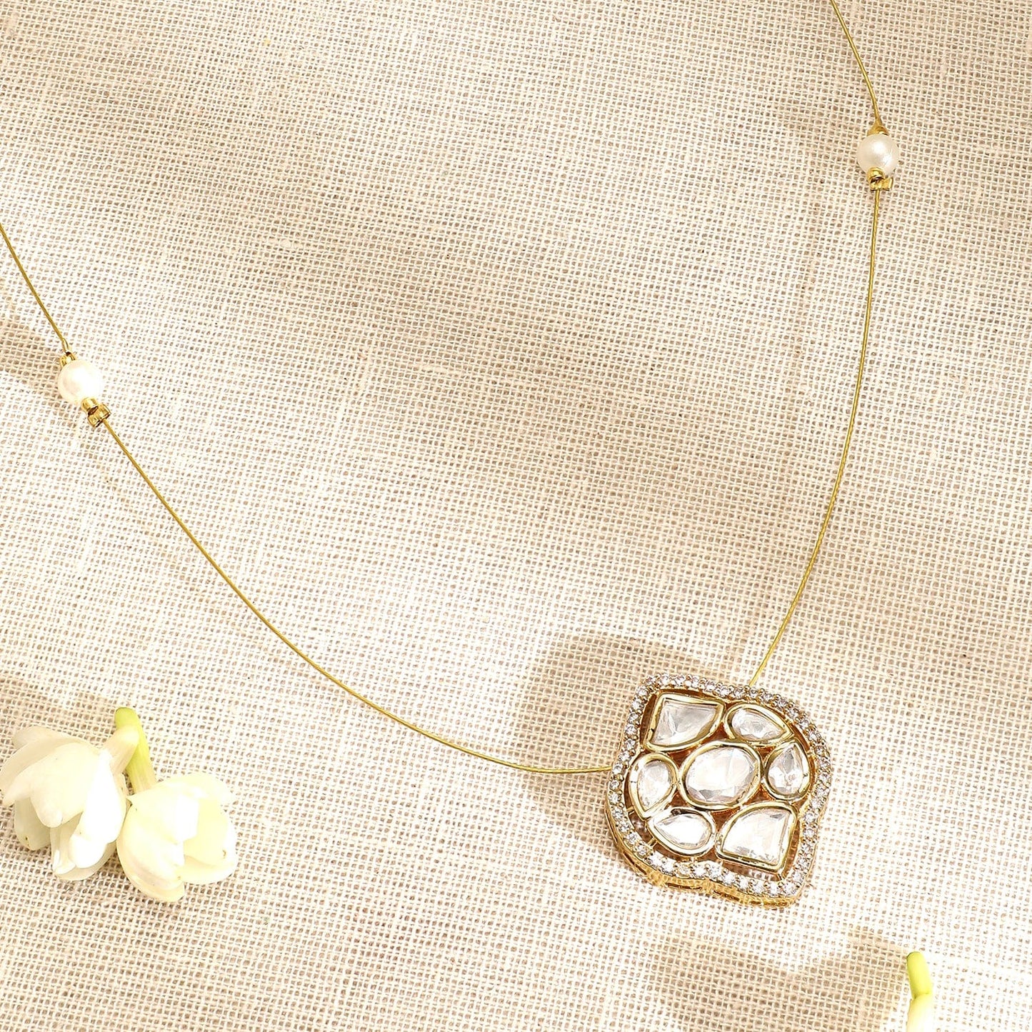 Rubans 22K Gold-Plated Kundan & Cubic Zirconia Pendant Necklace with Pearl Detailing