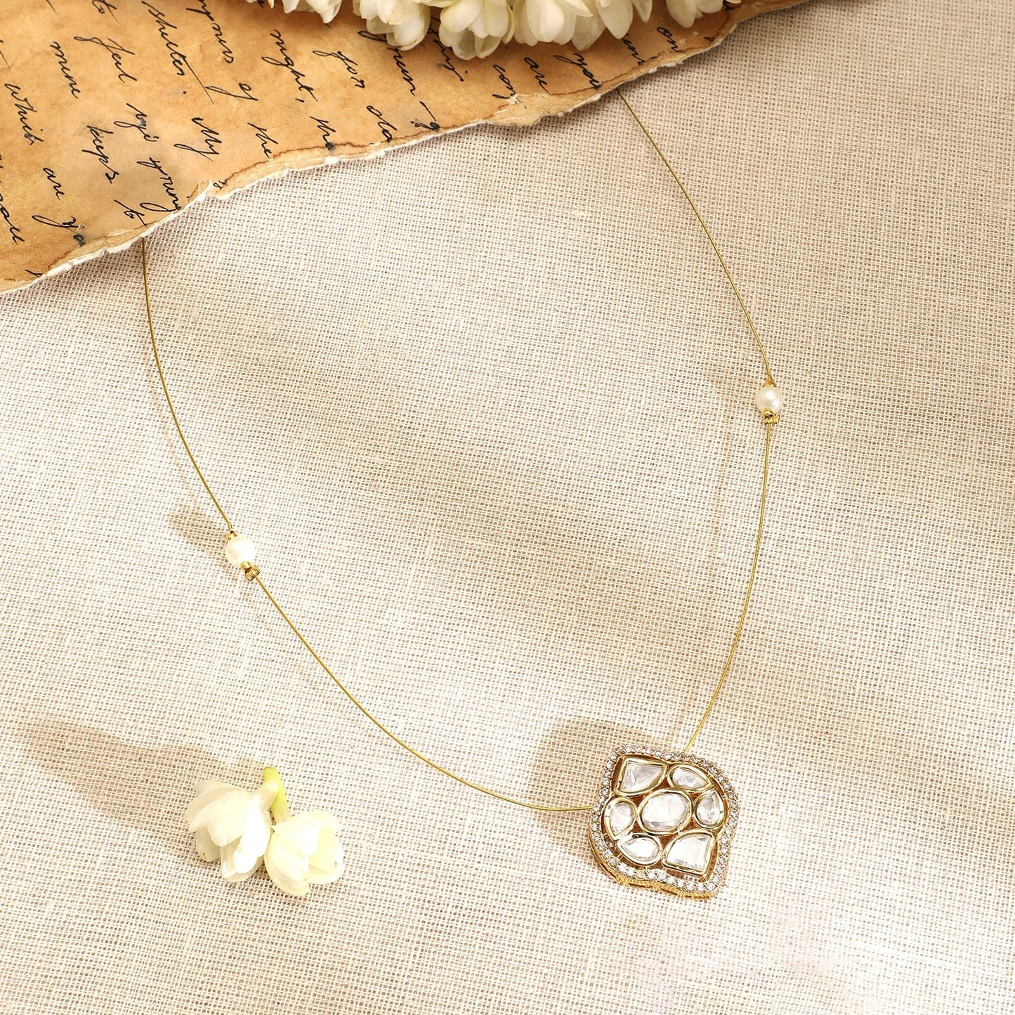 Rubans 22K Gold-Plated Kundan & Cubic Zirconia Pendant Necklace with Pearl Detailing
