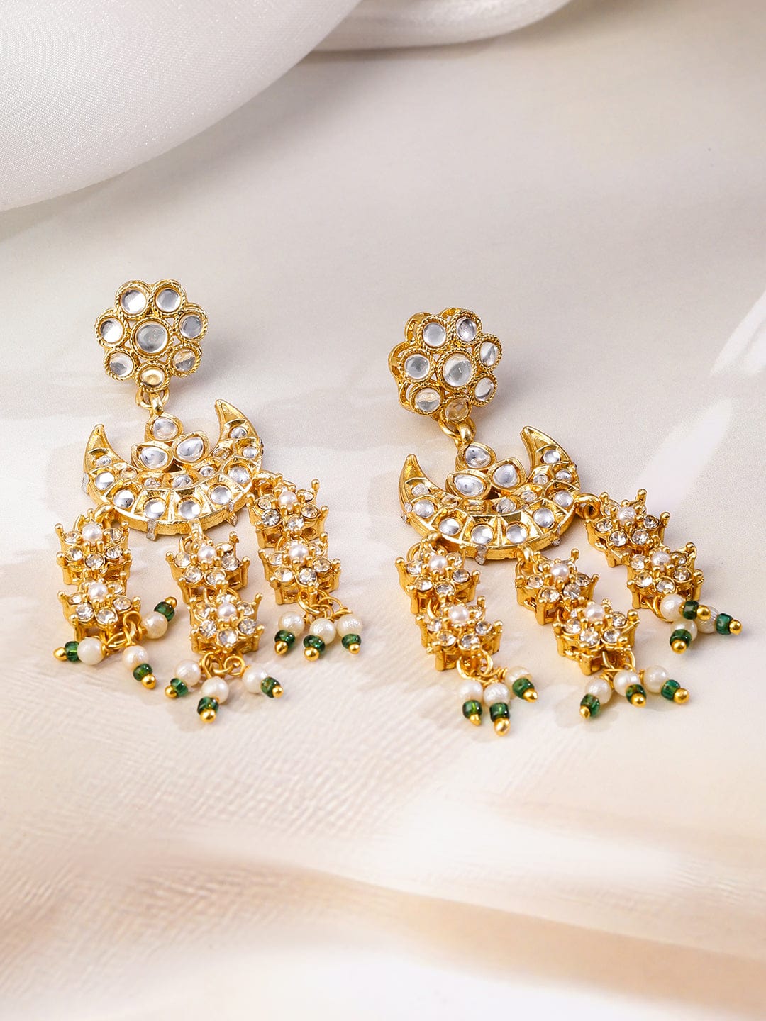 Rubans 22K Gold-Plated Kundan & Cubic Zirconia Studded Multi-Layered Bridal Necklace Set with Pearl & Green Bead Detailing for Bridal