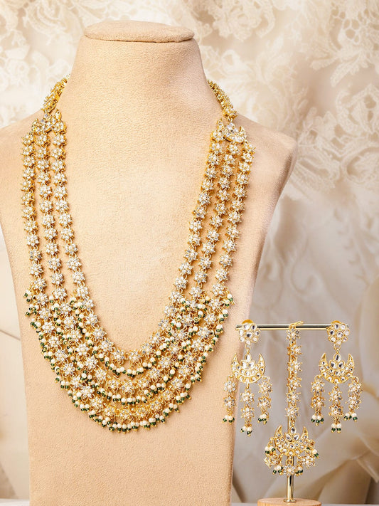 Rubans 22K Gold-Plated Kundan & Cubic Zirconia Studded Multi-Layered Bridal Necklace Set with Pearl & Green Bead Detailing for Bridal