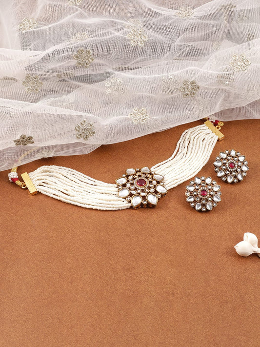Rubans 22K Gold-Plated Kundan & Ruby Studded White Pearl Beaded Floral Choker Necklace Set