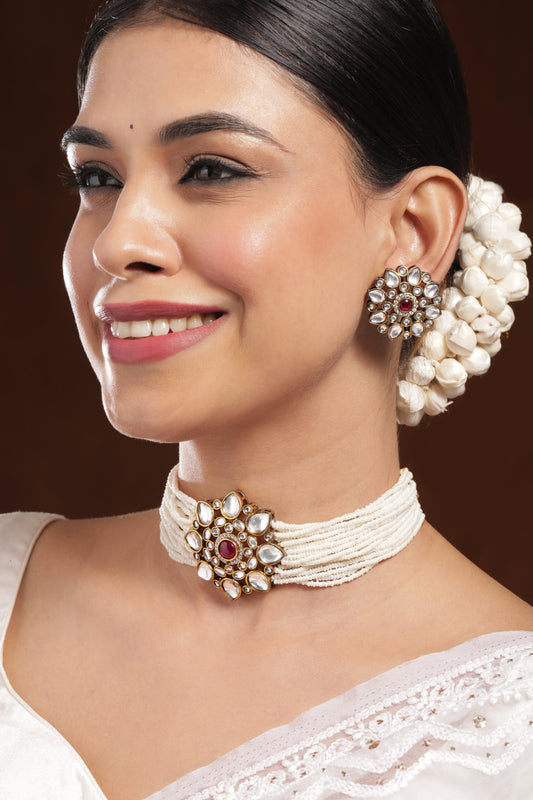 Rubans 22K Gold-Plated Kundan & Ruby Studded White Pearl Beaded Floral Choker Necklace Set