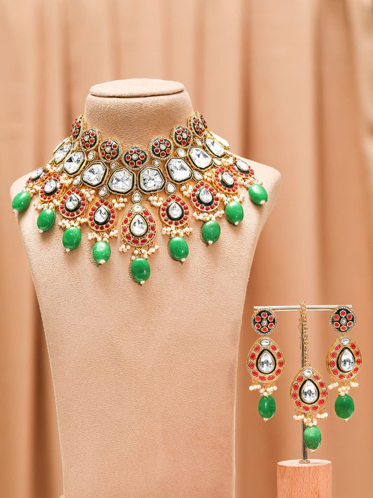 Rubans 22K Gold-Plated Kundan Ruby & Green Beaded Bridal Choker Necklace Set