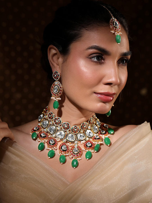 Rubans 22K Gold-Plated Kundan Ruby & Green Beaded Bridal Choker Necklace Set