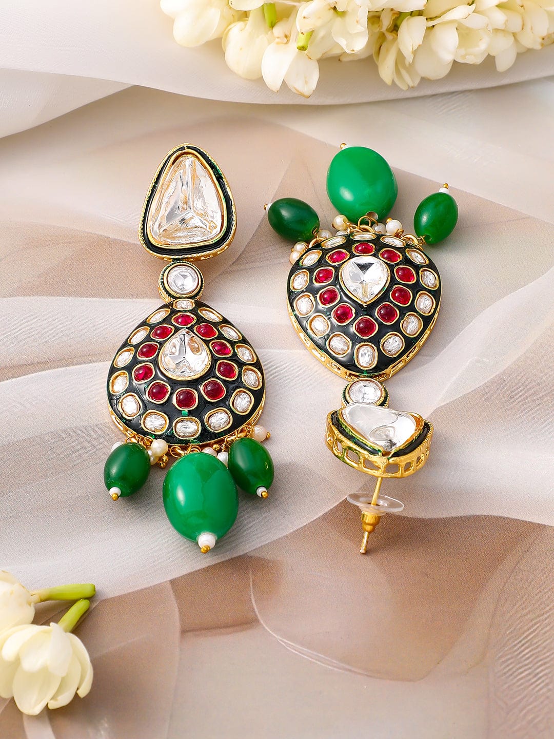 Rubans 22K Gold-Plated Kundan & Ruby Stone Studded & Green Beaded Bridal Necklace Set