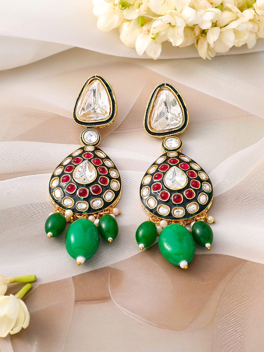 Rubans 22K Gold-Plated Kundan & Ruby Stone Studded & Green Beaded Bridal Necklace Set
