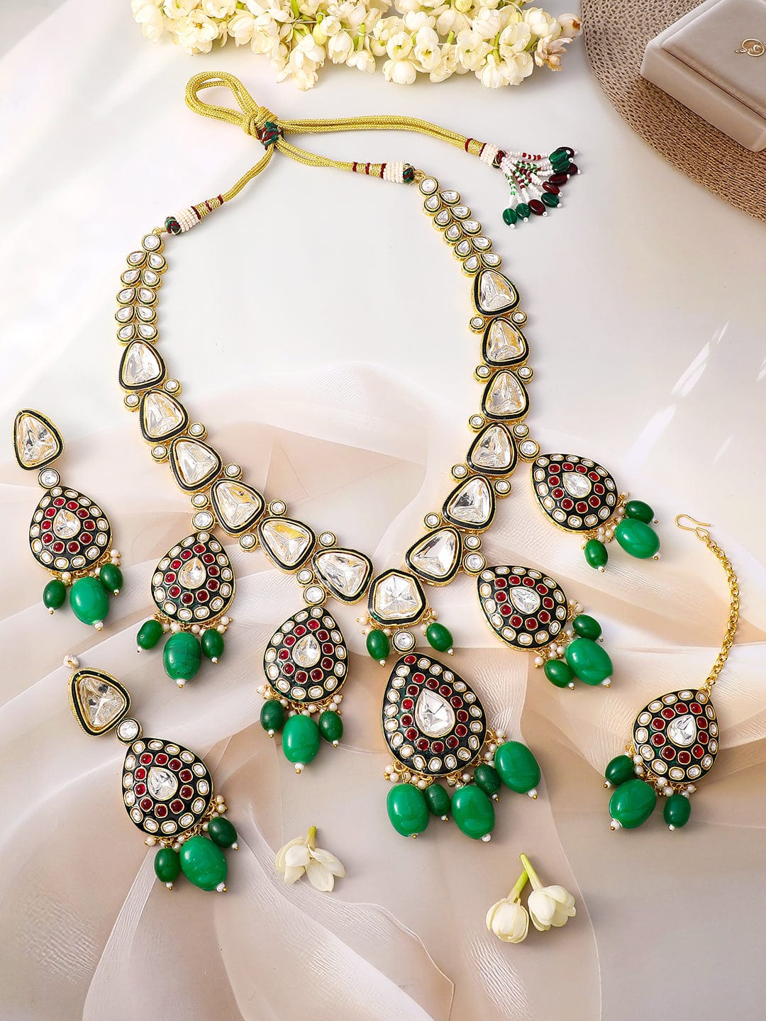 Rubans 22K Gold-Plated Kundan & Ruby Stone Studded & Green Beaded Bridal Necklace Set