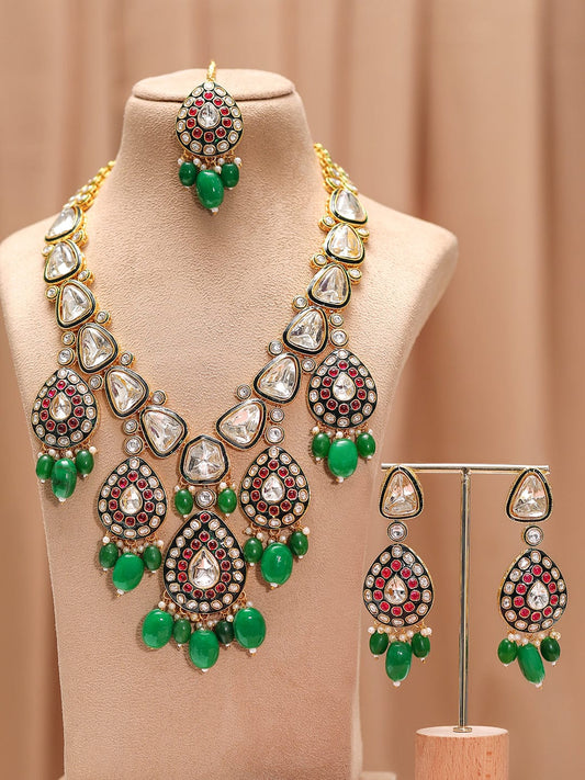 Rubans 22K Gold-Plated Kundan & Ruby Stone Studded & Green Beaded Bridal Necklace Set
