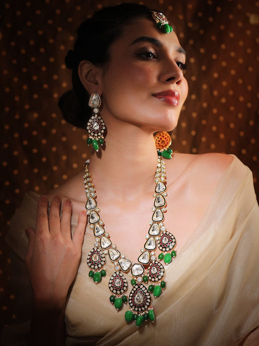 Rubans 22K Gold-Plated Kundan & Ruby Stone Studded & Green Beaded Bridal Necklace Set