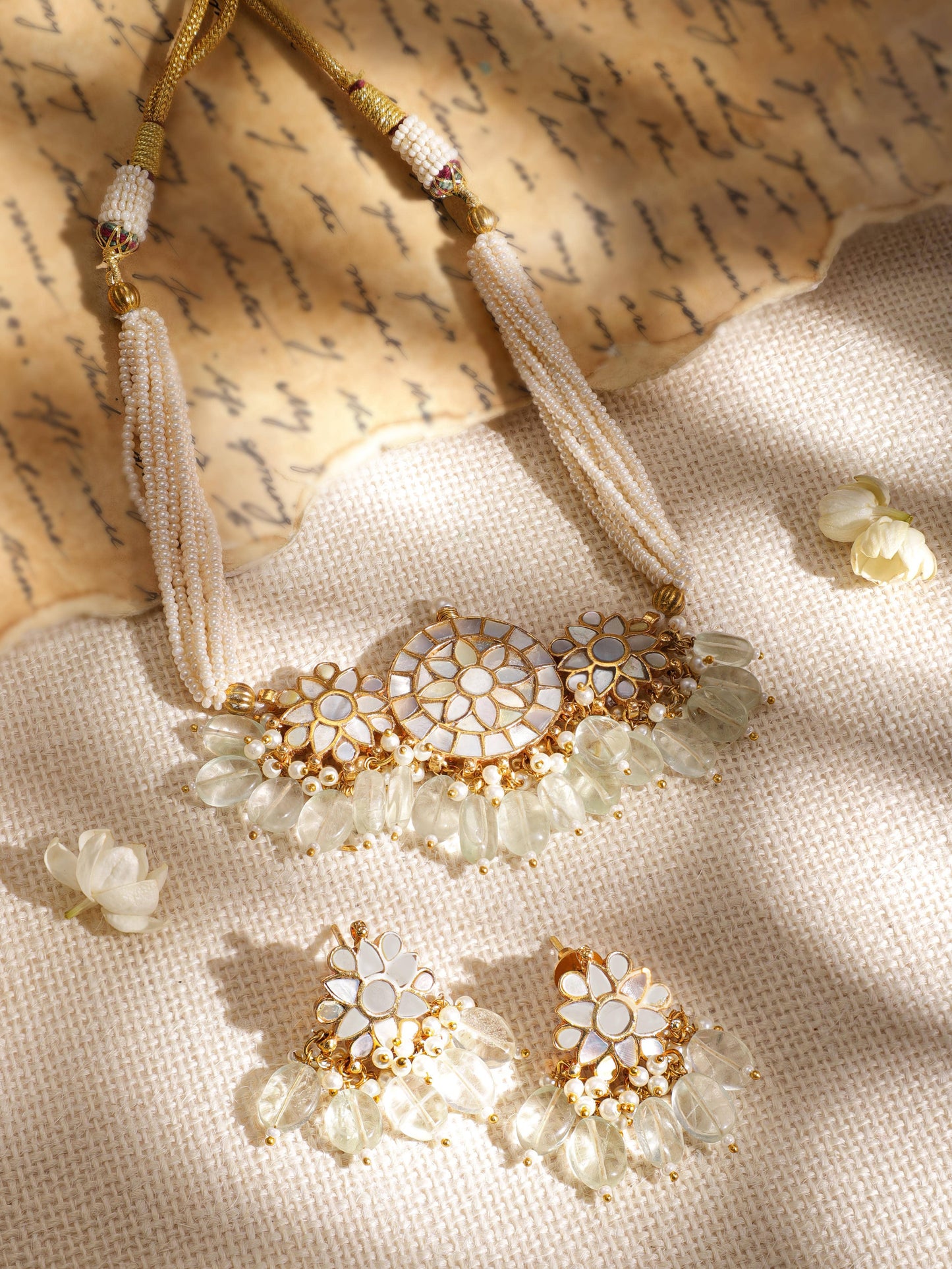 Rubans 22K Gold-Plated Kundan Studded Green Pearl & Beaded Multistrand Choker Necklace Set