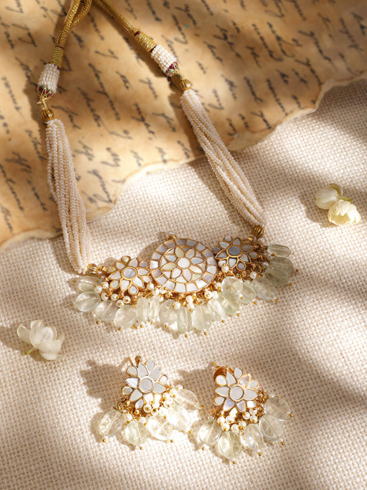 Rubans 22K Gold-Plated Kundan Studded Green Pearl & Beaded Multistrand Choker Necklace Set