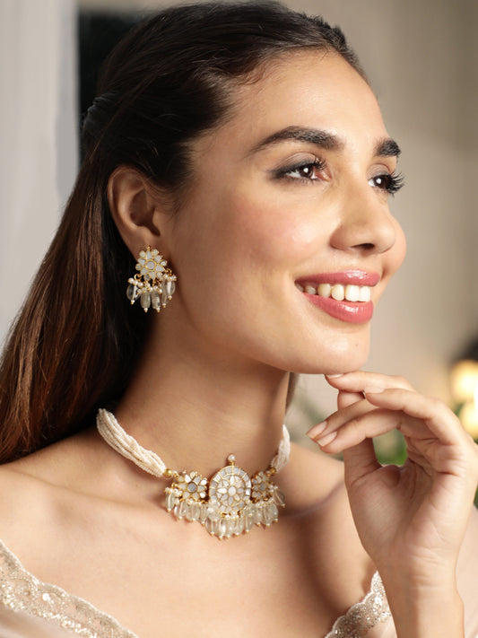 Rubans 22K Gold-Plated Kundan Studded Green Pearl & Beaded Multistrand Choker Necklace Set