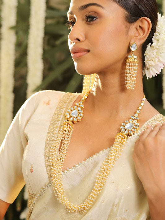 Rubans 22K Gold-Plated Kundan Studded Multi-Strand Pearl Beaded Necklace Set