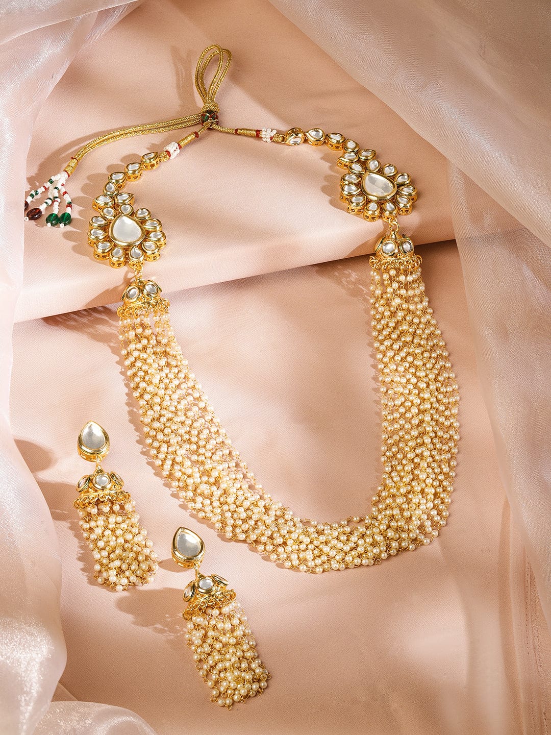 Rubans 22K Gold-Plated Kundan Studded Multi-Strand Pearl Beaded Necklace Set