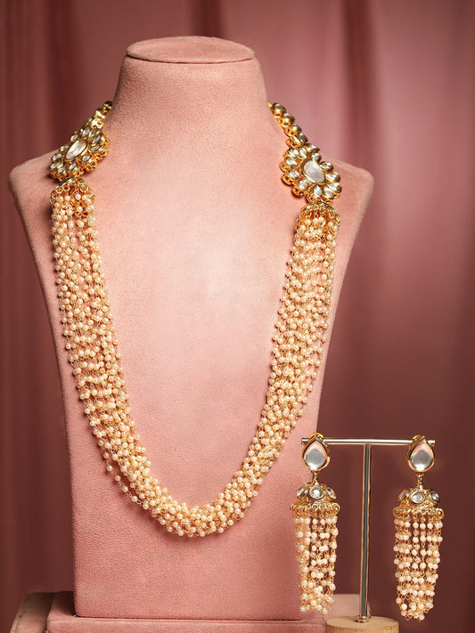 Rubans 22K Gold-Plated Kundan Studded Multi-Strand Pearl Beaded Necklace Set