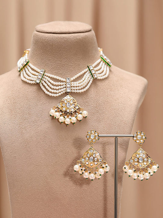 Rubans 22K Gold-Plated White Kundan-Studded Multi-Strand Pearl Necklace Set with Jhumka Earrings