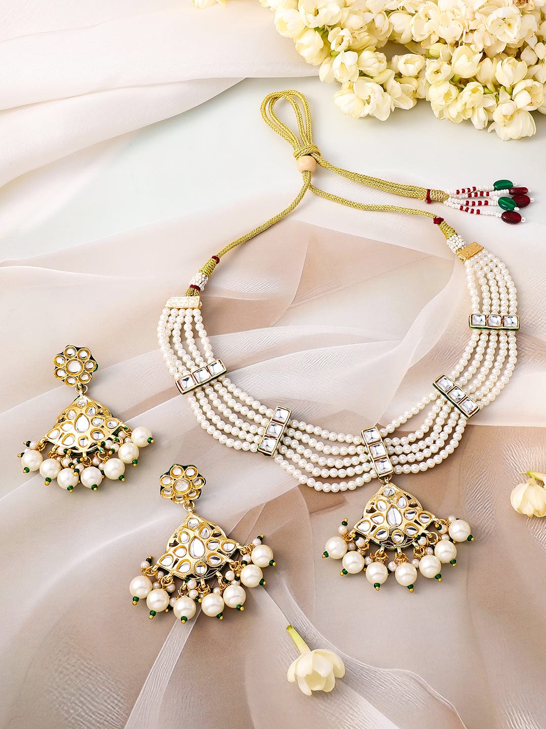 Rubans 22K Gold-Plated White Kundan-Studded Multi-Strand Pearl Necklace Set with Jhumka Earrings
