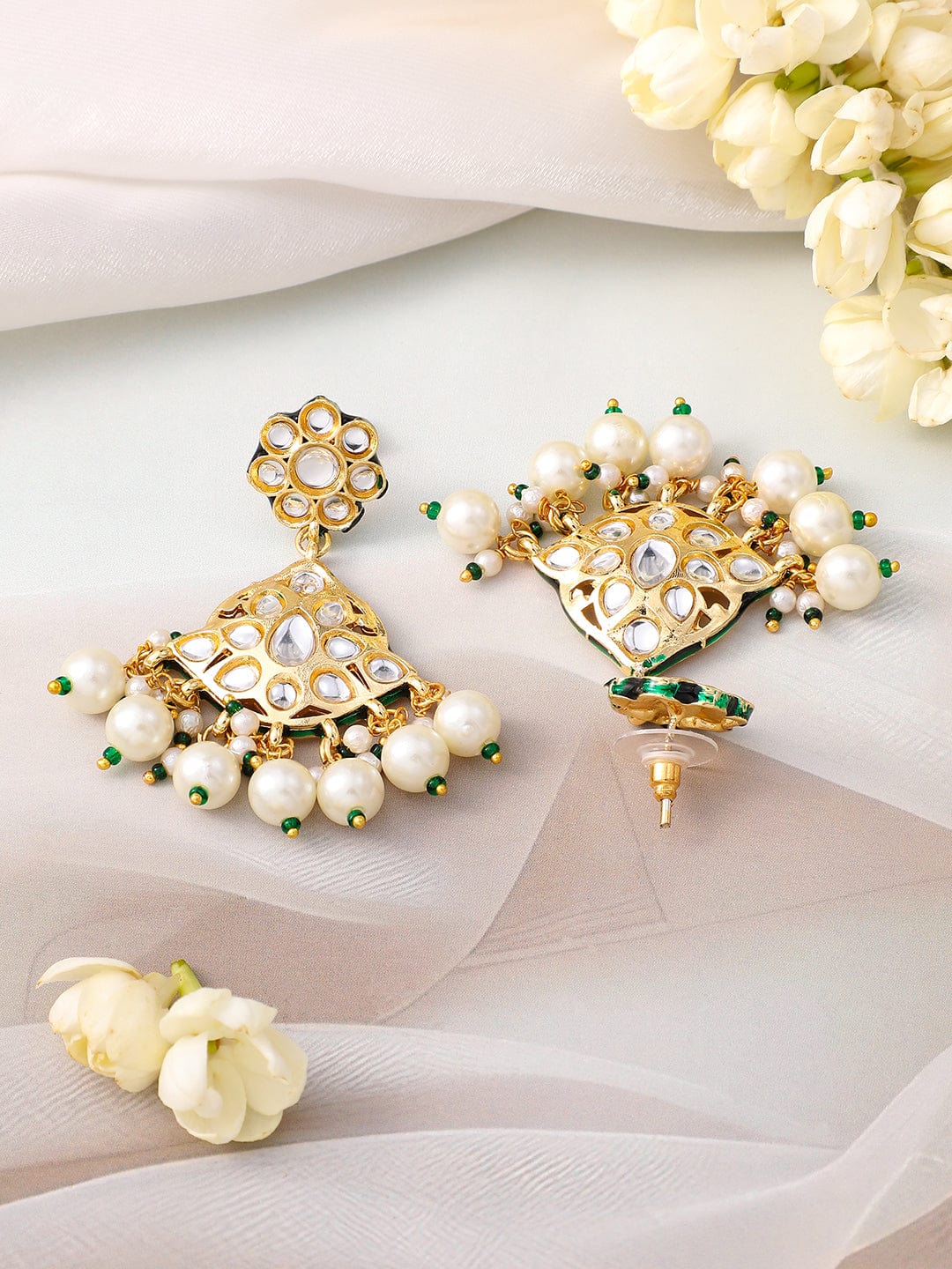 Rubans 22K Gold-Plated White Kundan-Studded Multi-Strand Pearl Necklace Set with Jhumka Earrings