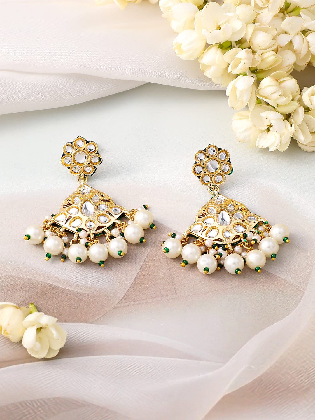 Rubans 22K Gold-Plated White Kundan-Studded Multi-Strand Pearl Necklace Set with Jhumka Earrings