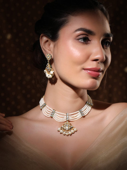Rubans 22K Gold-Plated White Kundan-Studded Multi-Strand Pearl Necklace Set with Jhumka Earrings