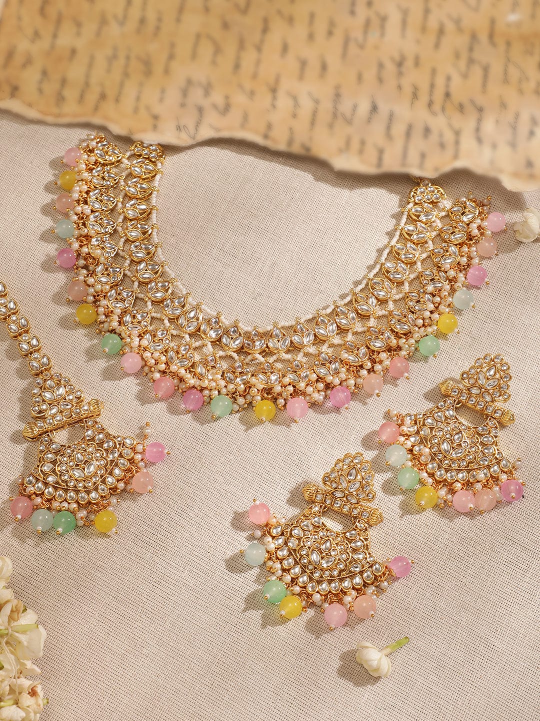 Rubans 22K Gold plated Kundan Studded Multicolour Beaded Chandbali Motif Necklace Set