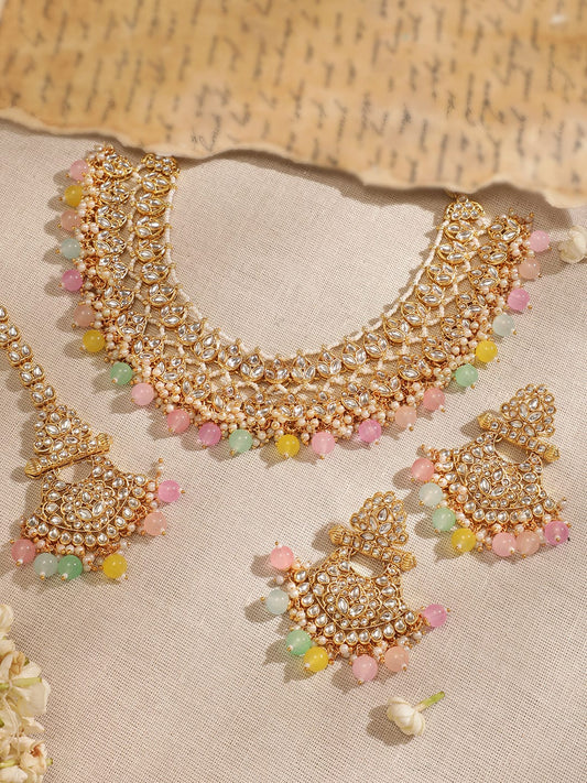 Rubans 22K Gold plated Kundan Studded Multicolour Beaded Chandbali Motif Necklace Set
