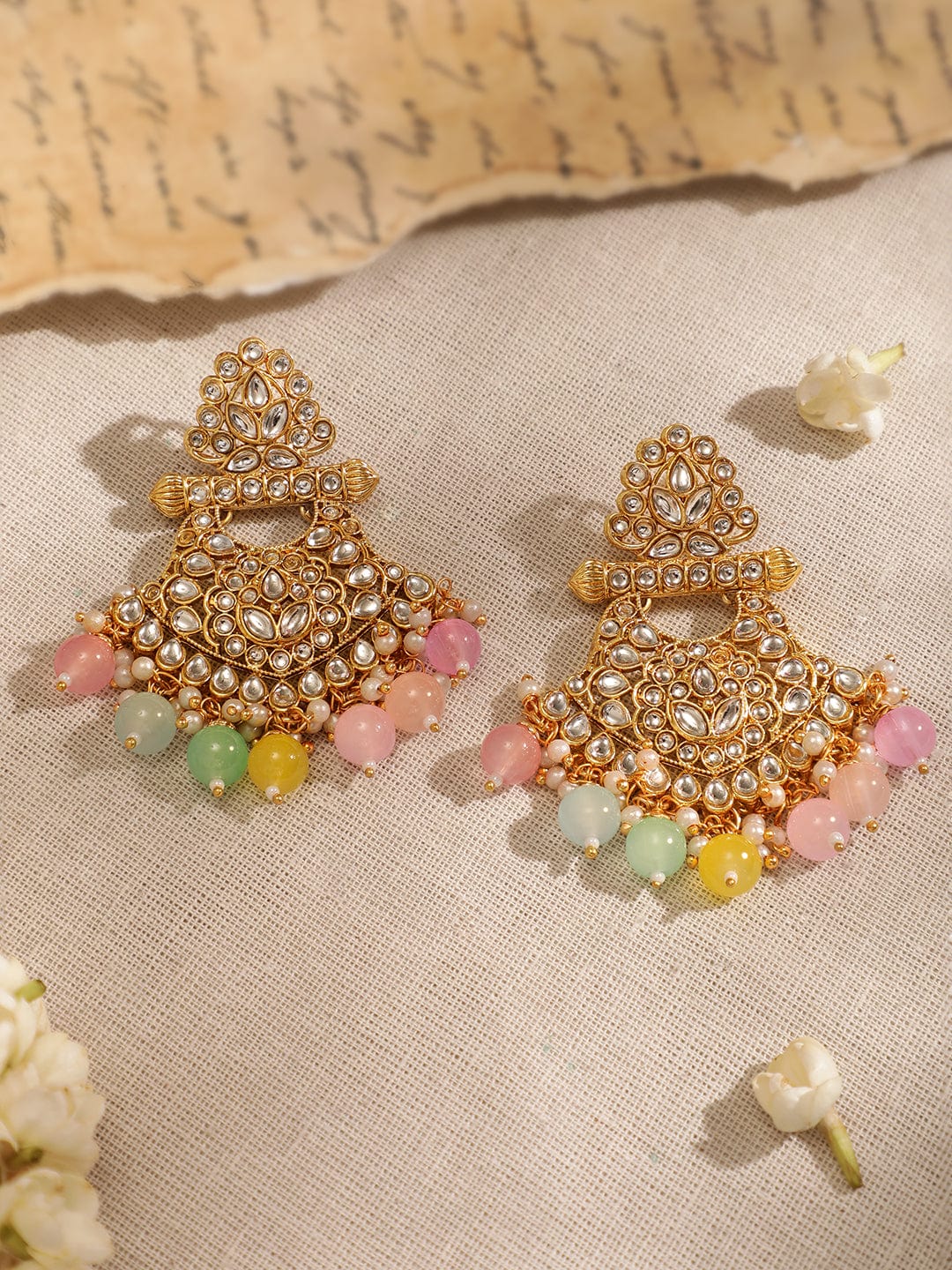 Rubans 22K Gold plated Kundan Studded Multicolour Beaded Chandbali Motif Necklace Set