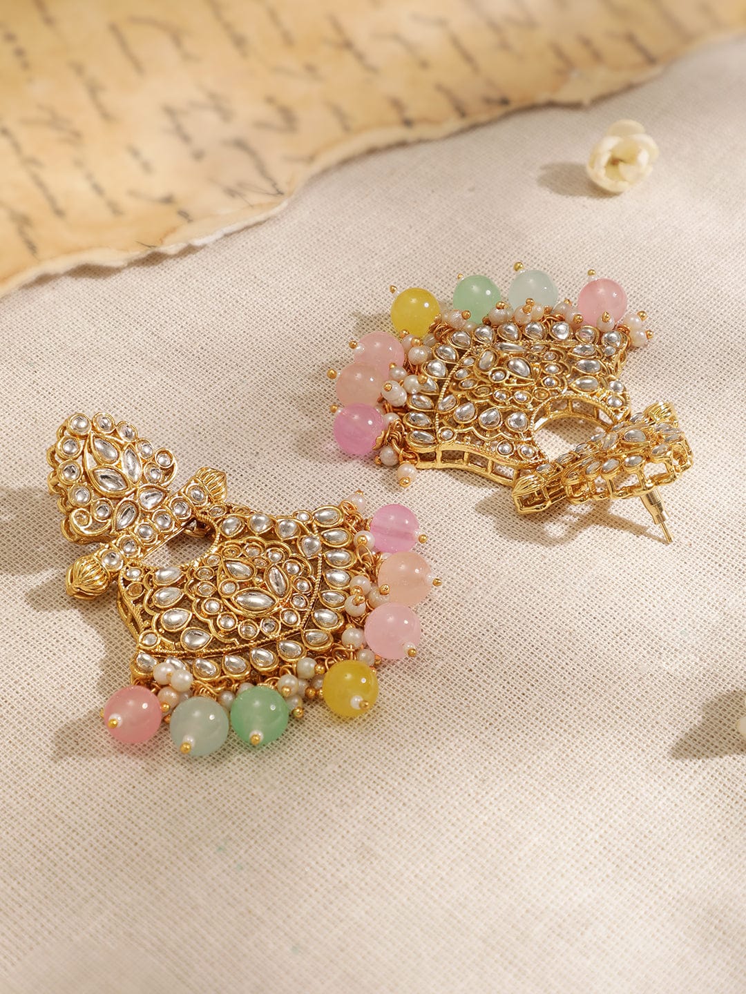 Rubans 22K Gold plated Kundan Studded Multicolour Beaded Chandbali Motif Necklace Set