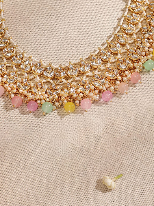 Rubans 22K Gold plated Kundan Studded Multicolour Beaded Chandbali Motif Necklace Set