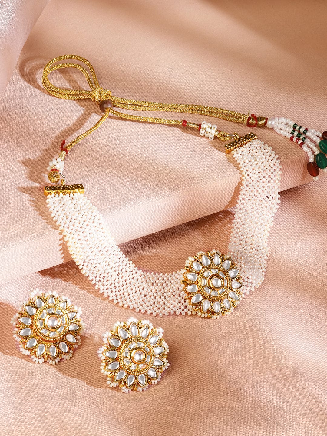 Rubans 22K Gold-Plated Kundan Studded & Pearl Beaded Handcrafted Choker Necklace Set