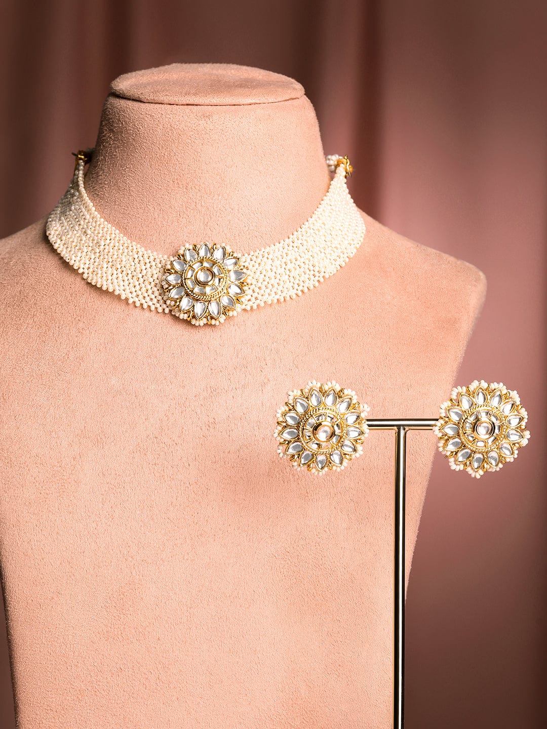 Rubans 22K Gold-Plated Kundan Studded & Pearl Beaded Handcrafted Choker Necklace Set