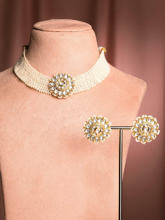 Rubans 22K Gold-Plated Kundan Studded & Pearl Beaded Handcrafted Choker Necklace Set