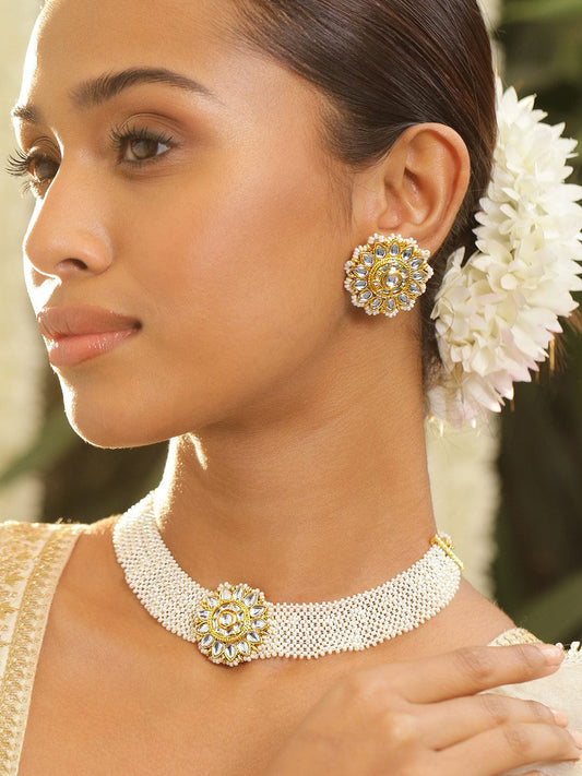 Rubans 22K Gold-Plated Kundan Studded & Pearl Beaded Handcrafted Choker Necklace Set