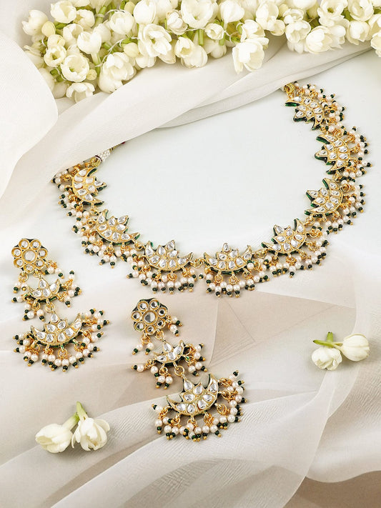 Rubans 22K Gold-Plated Kundan Studed Green Border, Pearl Beaded Crescent Moon Necklace Set