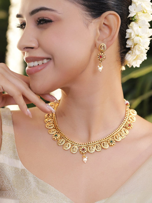 Rubans 22K Gold-Plated Lakshmi Temple Necklace Set with Ruby Pink & Emerald Stones, Golden Beaded Detailing and Pearl Drops