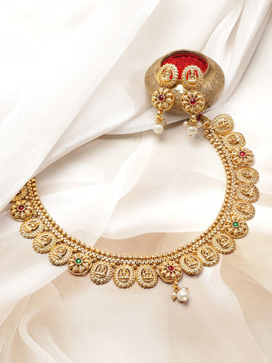 Rubans 22K Gold-Plated Lakshmi Temple Necklace Set with Ruby Pink & Emerald Stones, Golden Beaded Detailing and Pearl Drops