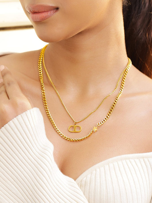 Rubans 22K Gold Plated Layered Chain Necklace with Star & Initial Pendant