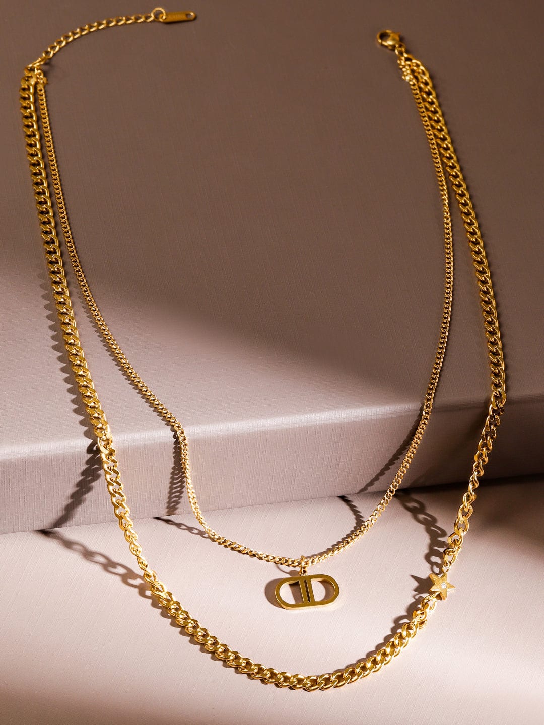 Rubans 22K Gold Plated Layered Chain Necklace with Star & Initial Pendant